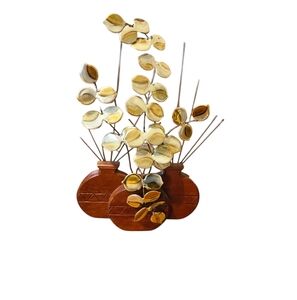 Vintage Metal Leaf Bouquet in Wood Shape Vase,Wall Hanging, Gold Brass